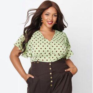 Unique Vintage Plus Size Sage & Brown Dot Flutter Sleeve Blouse - 3X/20